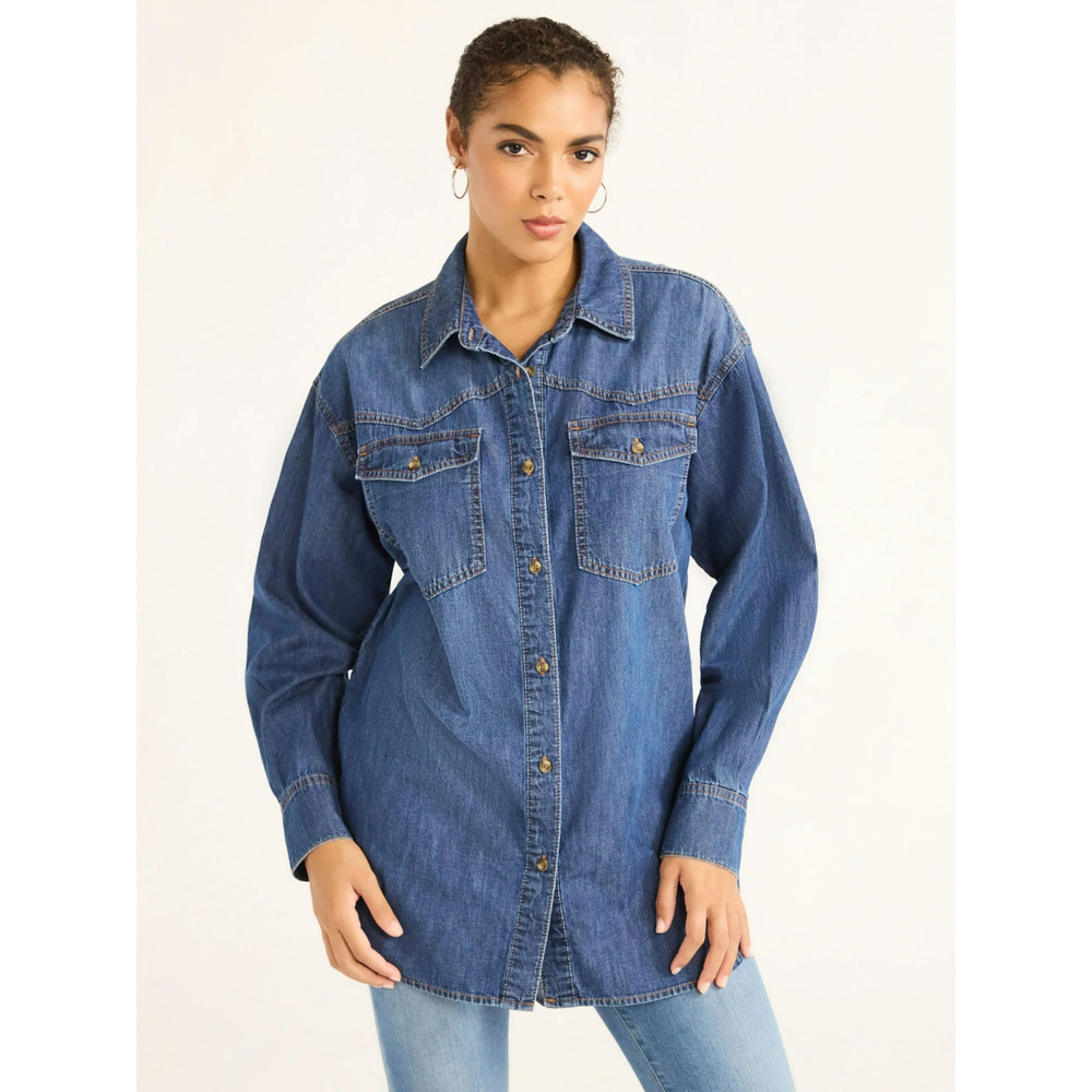 Sofia Jeans Vergara Womens Denim Button Oversized Boyfriend Shirt -Small